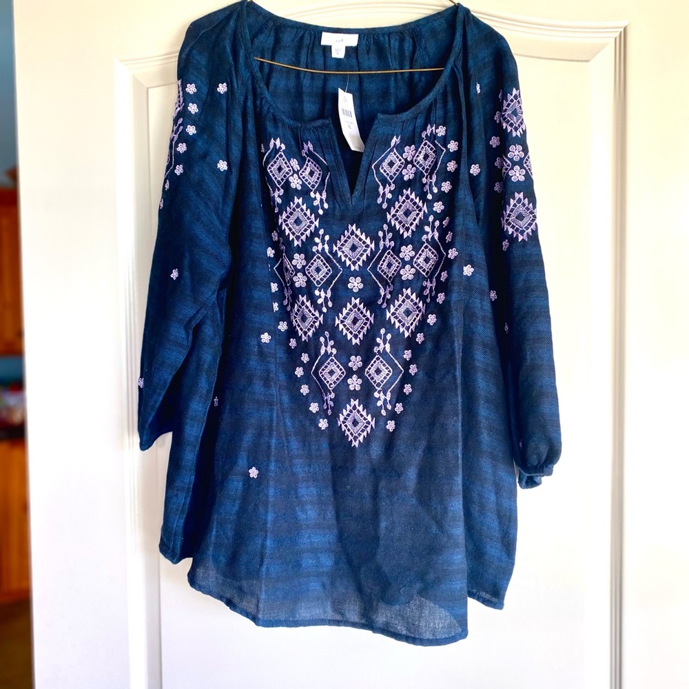 New J Jill Navy and Lilac Embroidered Top XL